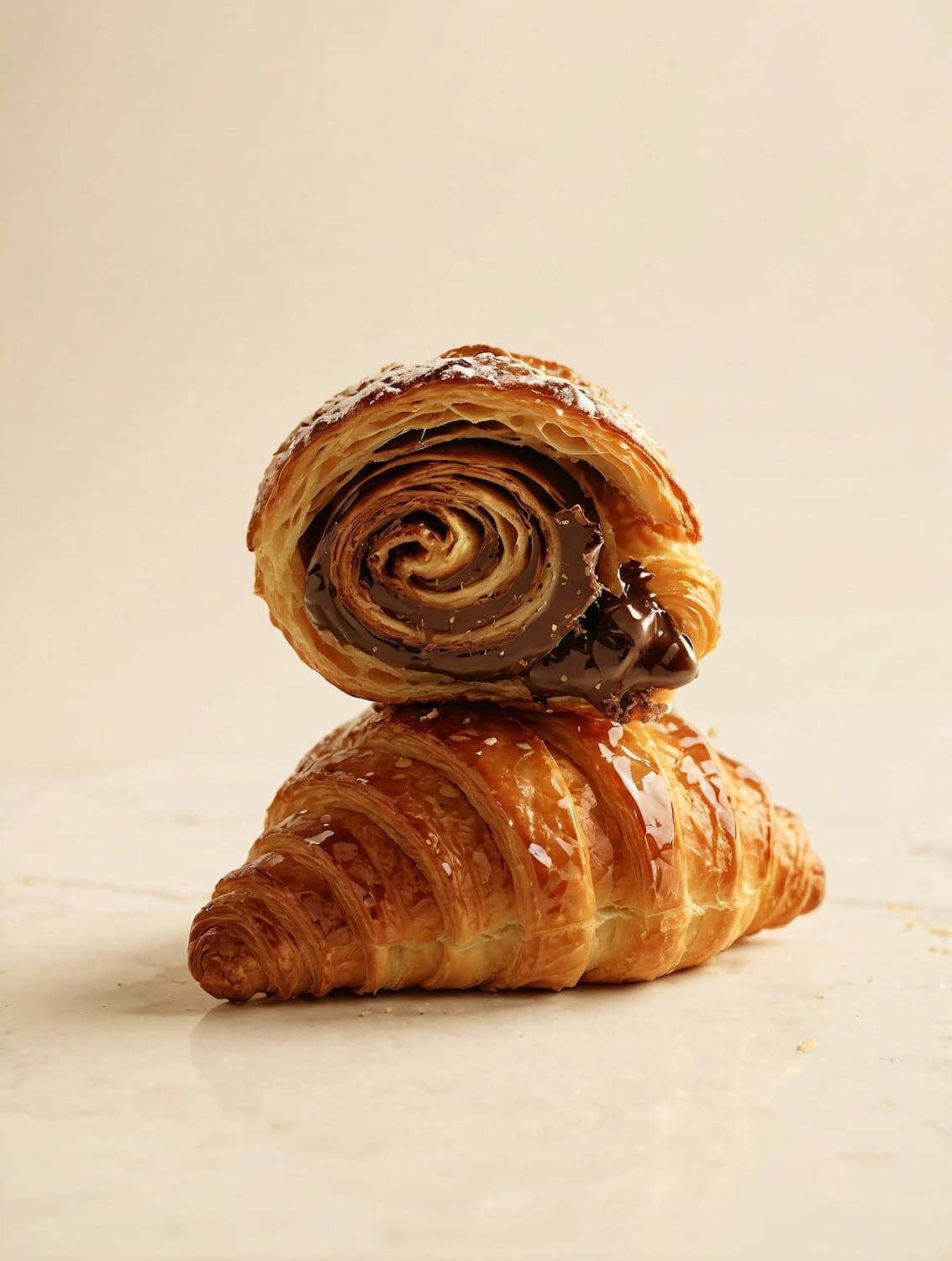 Croissants dourados empilhados, um deles aberto mostrando o recheio de chocolate
