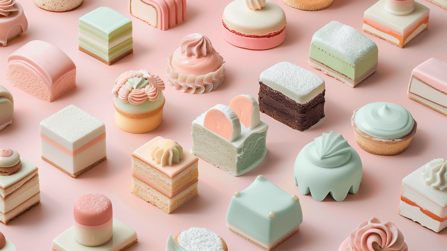 Doces delicados com cobertura rosa e verde arrumados sobre um fundo rosa
