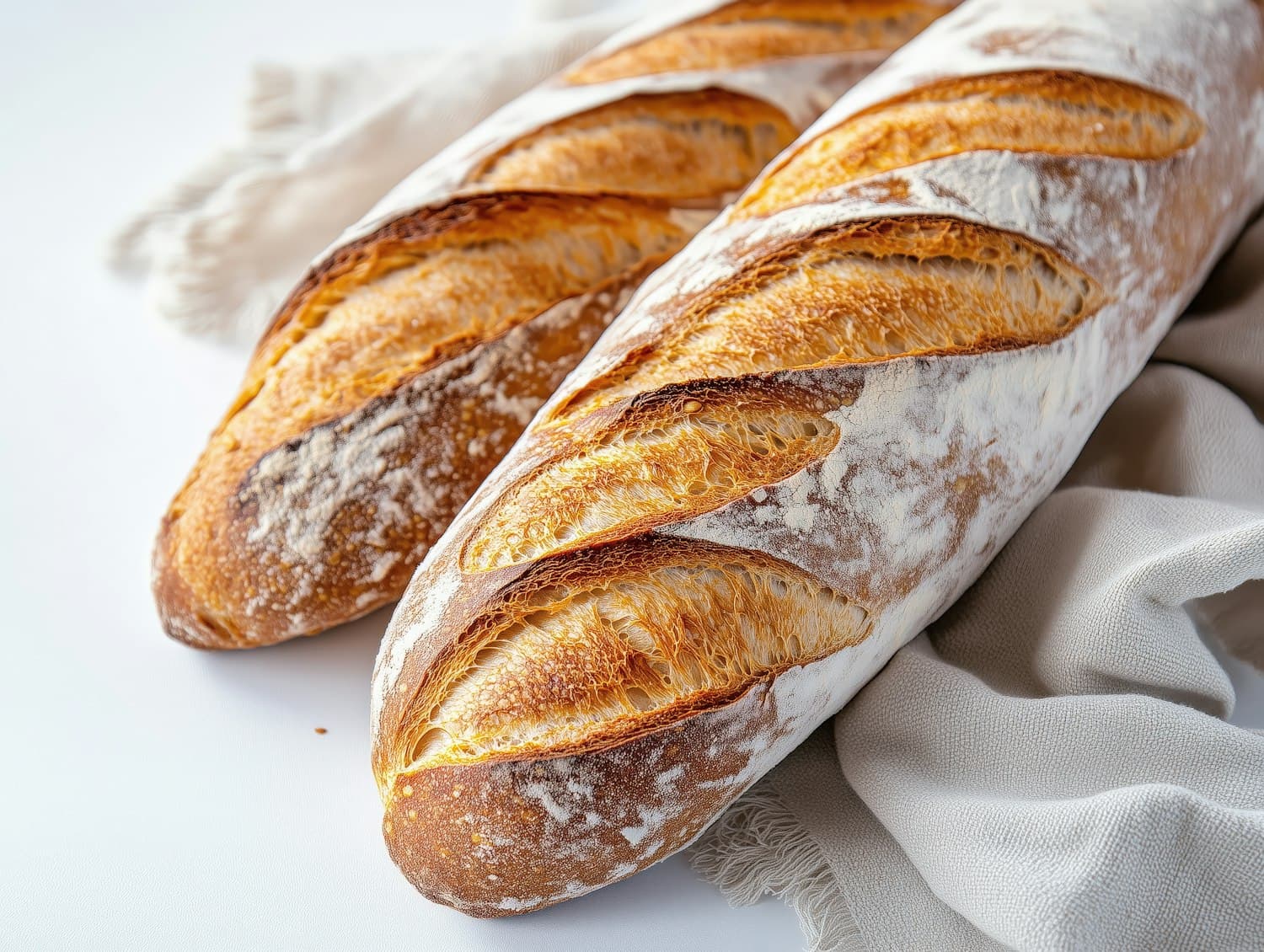 Baguetes artesanais recém-saídas do forno sobre um pano de linho